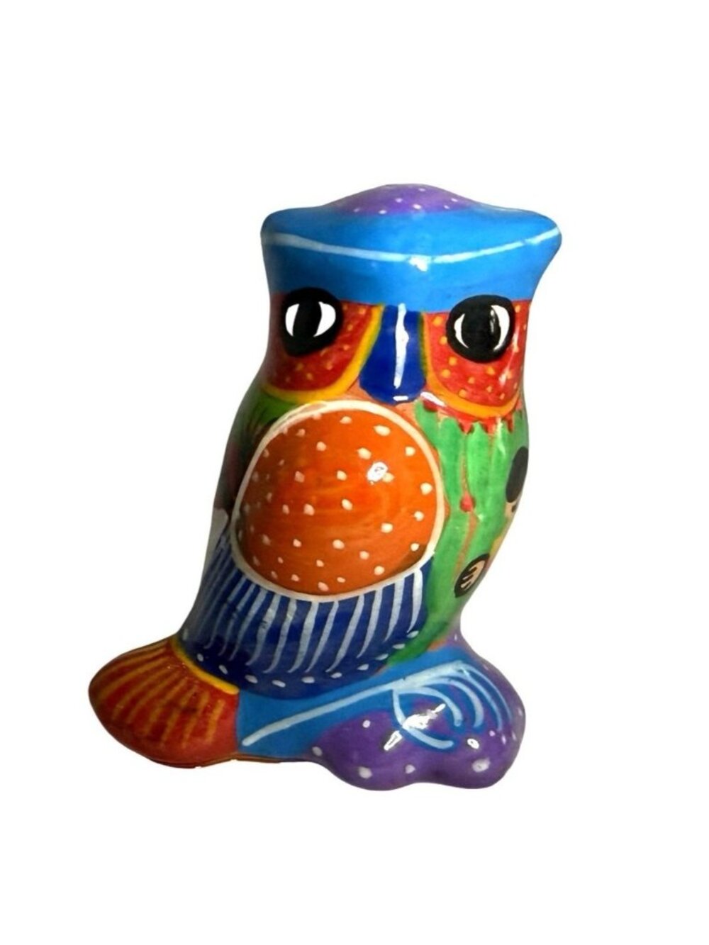 Hand-Painted Mexican Talavera Red Clay Owl Figurine Colorful Folk Art